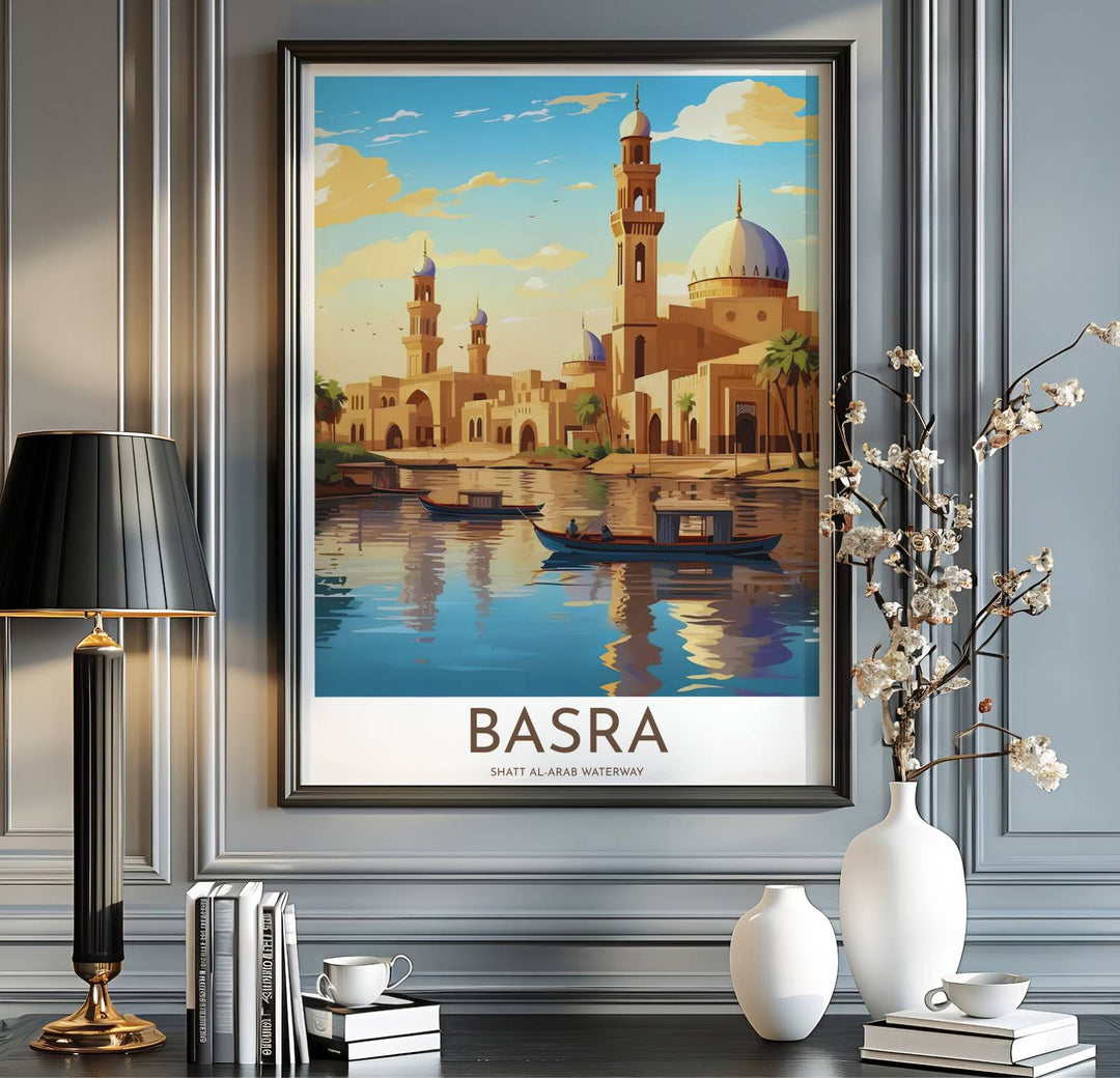 Iraq travel print showing Basra Shatt al-Arab river landscape in a smooth painterly vintage travel poster style. Handcrafted by MapYourDreams, this artwork is available in flexible options including unframed paper, custom wooden frames, and gallery canvas wraps for gallery wall displays.