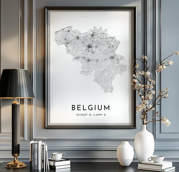A Belgium road network map print showcasing dense urban clusters and sprawling interstates in clean black and white cartography. Available from MapYourDreams in multiple presentation formats including unframed archival paper, handcrafted frames, and gallery wrapped canvas styles.