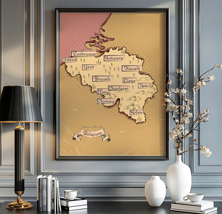 An old-world style Belgium map poster showcasing historic cities like Spa, Chimay, Mons, and Arlon on warm aged paper textures. Available from MapYourDreams in multiple presentation formats including unframed archival paper, handcrafted frames, and gallery wrapped canvas styles.