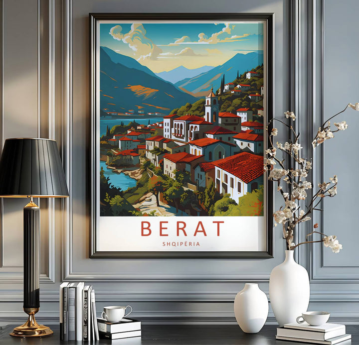 Sophisticated Albania travel art print in vivid terracotta red and cerulean blue, bringing Balkan heritage and European charm into your living space. Offered by MapYourDreams, this artwork is available in flexible options including unframed paper, custom wooden frames, and gallery canvas wraps.