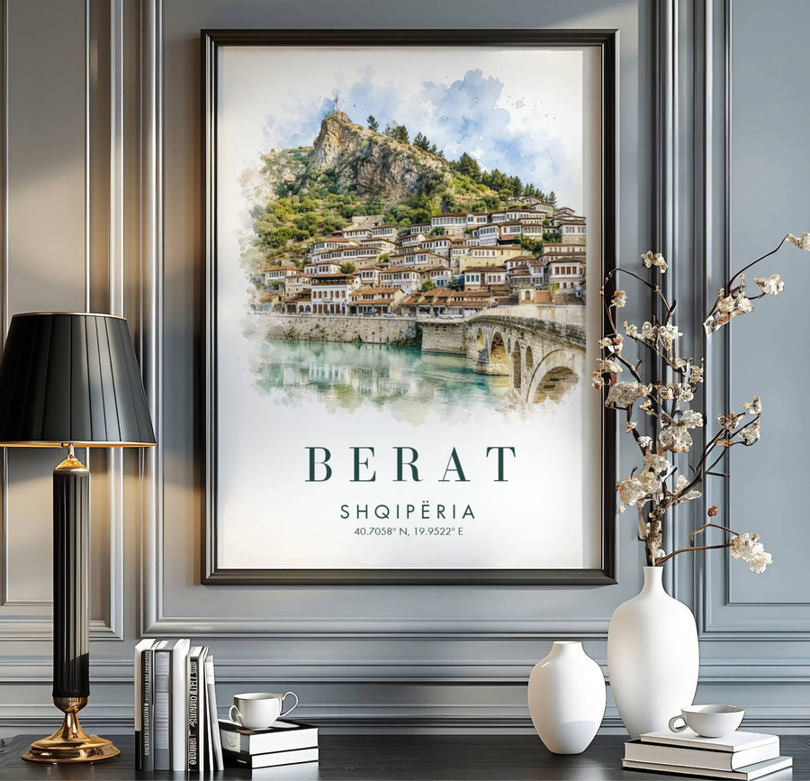 Sophisticated Albania travel art print in soft turquoise and beige watercolor washes, bringing Balkan history and European charm into your home. Offered by MapYourDreams, this artwork is available in flexible options including unframed paper, custom wooden frames, and gallery canvas wraps.