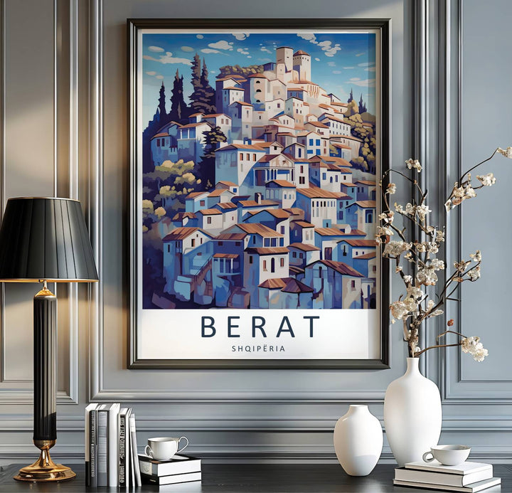 Vibrant landscape vector print depicting Berat Albania, perfect for art collectors, travel lovers, and architectural fine art collection displays. Offered by MapYourDreams, this artwork is available in flexible options including unframed paper, custom wooden frames, and gallery canvas wraps.