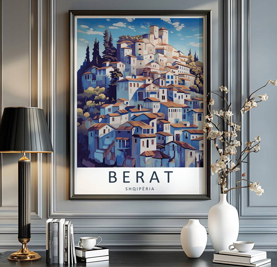 Vibrant landscape vector print depicting Berat Albania, perfect for art collectors, travel lovers, and architectural fine art collection displays. Offered by MapYourDreams, this artwork is available in flexible options including unframed paper, custom wooden frames, and gallery canvas wraps.
