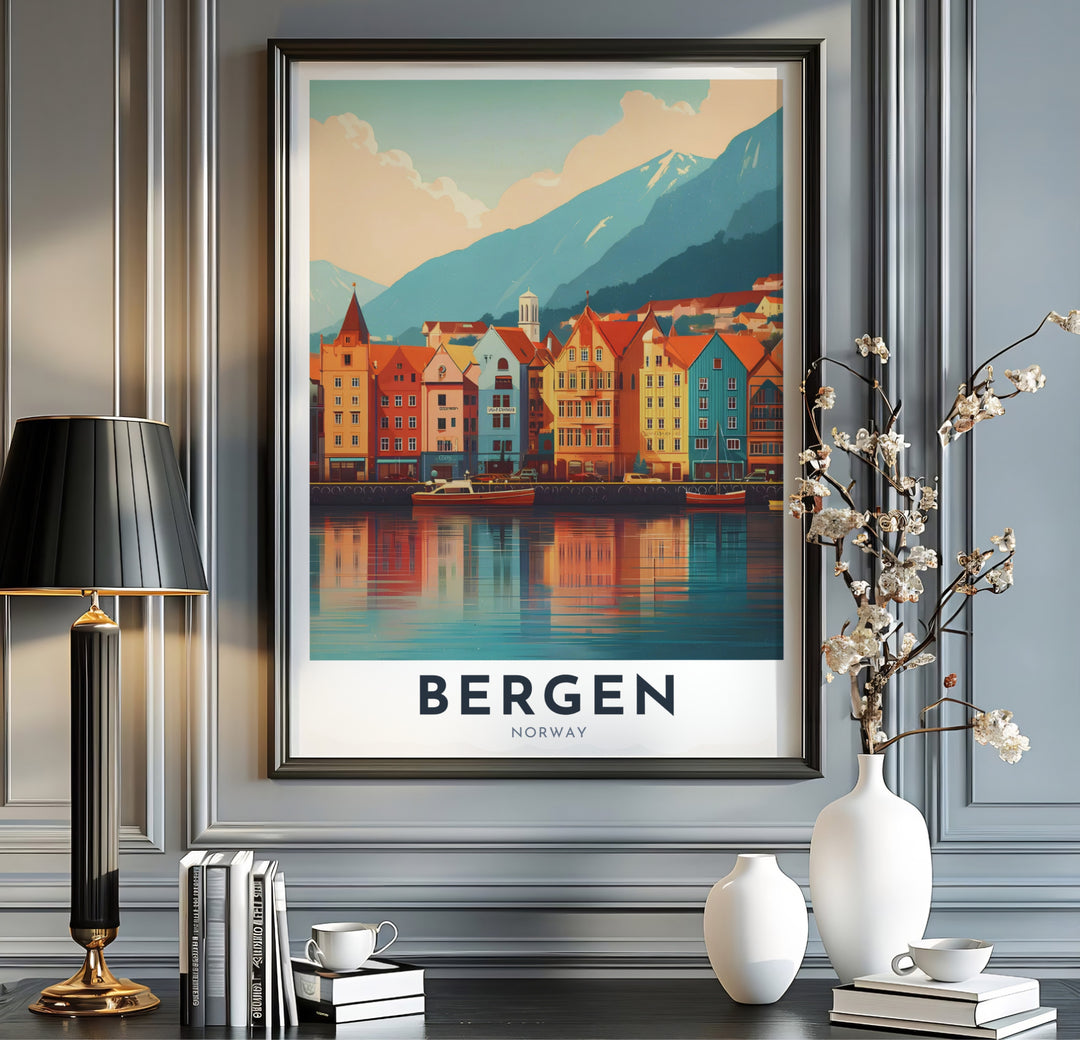 Panoramic view of historic colorful row houses at Bryggen waterfront in Bergen Norway under a soft ambient Scandinavian sky. This travel wall decor piece is offered in a wide variety of formats including custom framed prints, premium canvas stretched artwork, and classic unframed poster options.
