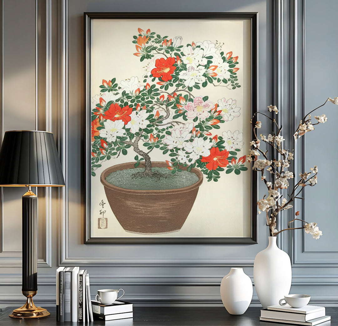 Vibrant red and pink azalea flowers in an earthen pot inspired by Japanese tea house gardens in Kyoto. MapYourDreams offers versatile framed, unframed, and canvas print formats.