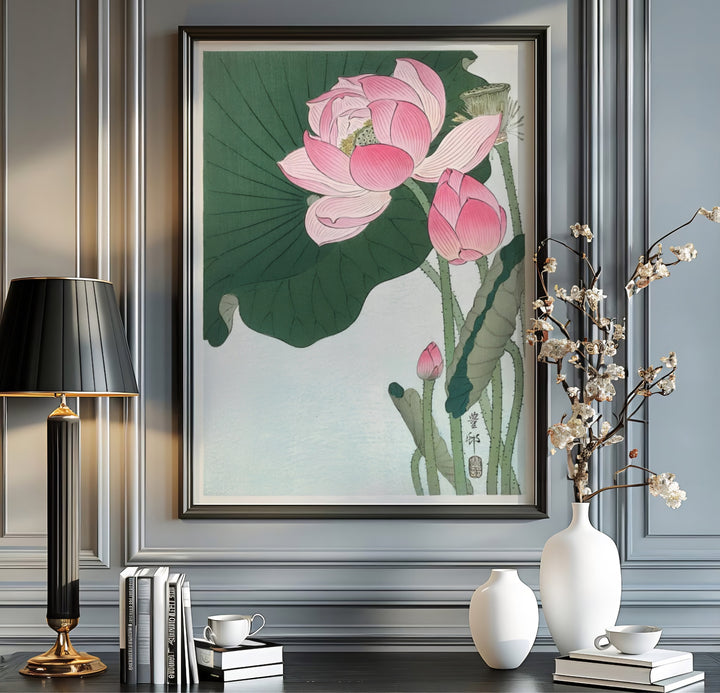 Vibrant pink lotus flower petals and seed pods inspired by Japanese tea house gardens in Kyoto. MapYourDreams offers versatile framed, unframed, and canvas print wall decor formats.