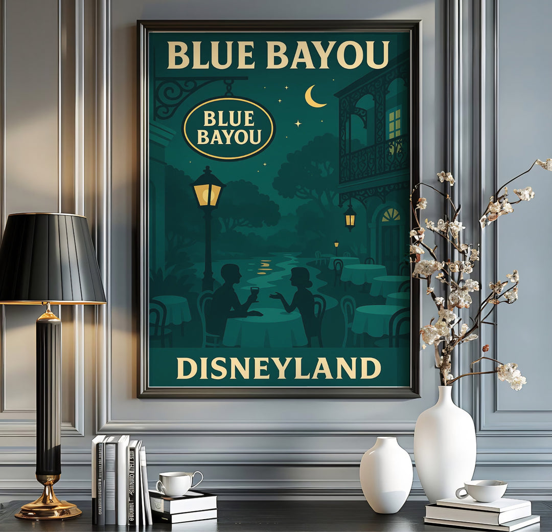 Deep teal and warm gold poster of Blue Bayou Disneyland featuring vintage typography, glowing streetlamps, and riverboats, provided by MapYourDreams with available options like unframed paper prints, gallery canvas, or custom frame finishes in natural wood, pure gold, and bronze for bedrooms.