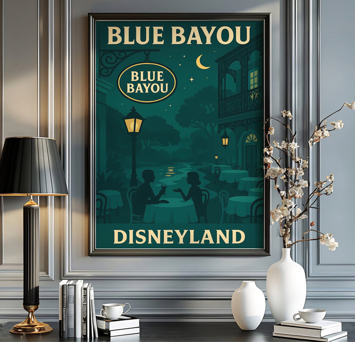 Deep teal and warm gold poster of Blue Bayou Disneyland featuring vintage typography, glowing streetlamps, and riverboats, provided by MapYourDreams with available options like unframed paper prints, gallery canvas, or custom frame finishes in natural wood, pure gold, and bronze for bedrooms.