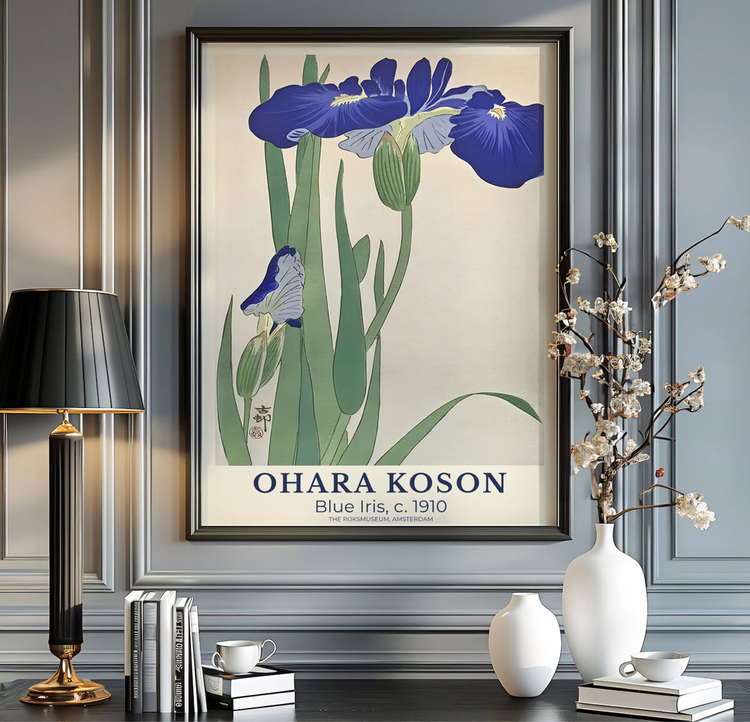 Vibrant 1910 blue iris petals and green leaves inspired by Japanese botanical exhibits at The Rijksmuseum, Amsterdam. MapYourDreams offers versatile framed, unframed, and canvas print wall decor formats.