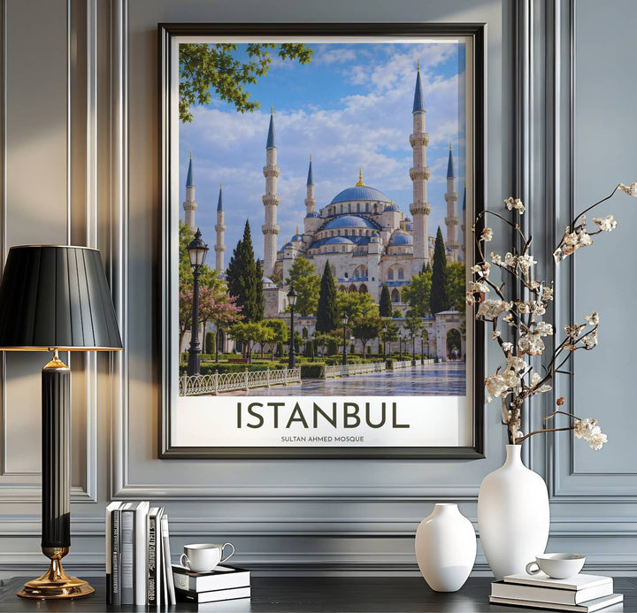 Fine art photography poster of Sultan Ahmed Mosque in Istanbul Turkey with clear blue skies and green trees. Released by MapYourDreams, this artwork is available in flexible options including unframed paper, custom wooden frames, and gallery canvas wraps for home wall art.