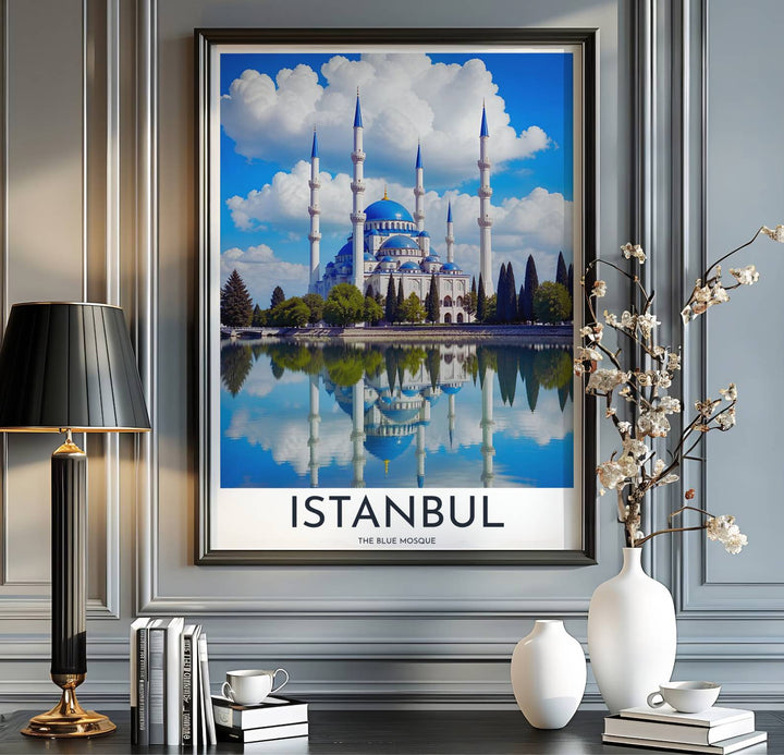 Turkey travel print showing Istanbul Blue Mosque in a crisp, high contrast water reflection travel poster style. Handcrafted by MapYourDreams, this artwork is available in flexible options including unframed paper, custom wooden frames, and gallery canvas wraps for gallery wall displays.
