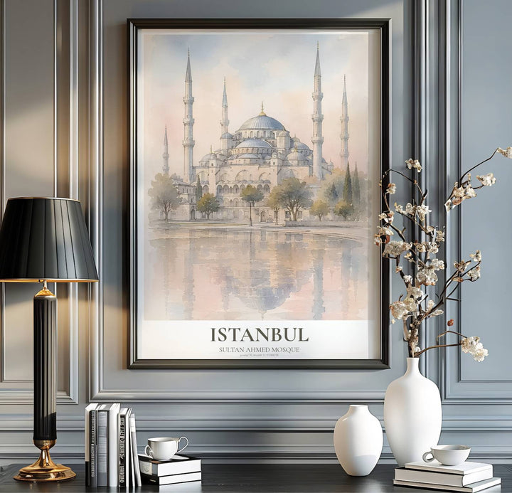 Turkey travel print showing Istanbul Blue Mosque in an elegant pastel watercolor lake reflection artwork style. Handcrafted by MapYourDreams, this artwork is available in flexible options including unframed paper, custom wooden frames, and gallery canvas wraps for gallery wall displays.