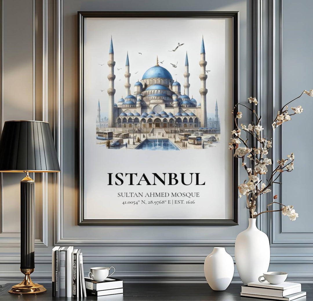 Turkey travel print showing Istanbul Blue Mosque in an elegant minimalist watercolor vignette illustration style. Handcrafted by MapYourDreams, this artwork is available in flexible options including unframed paper, custom wooden frames, and gallery canvas wraps for gallery wall displays.