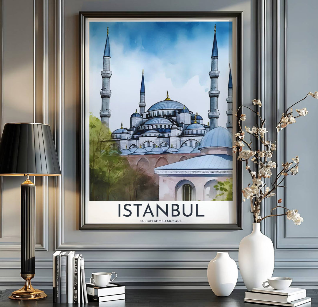 Fine art watercolor poster of Sultan Ahmed Mosque in Istanbul Turkey with cerulean sky and soft olive tree washes. Released by MapYourDreams, this artwork is available in flexible options including unframed paper, custom wooden frames, and gallery canvas wraps for home wall art.