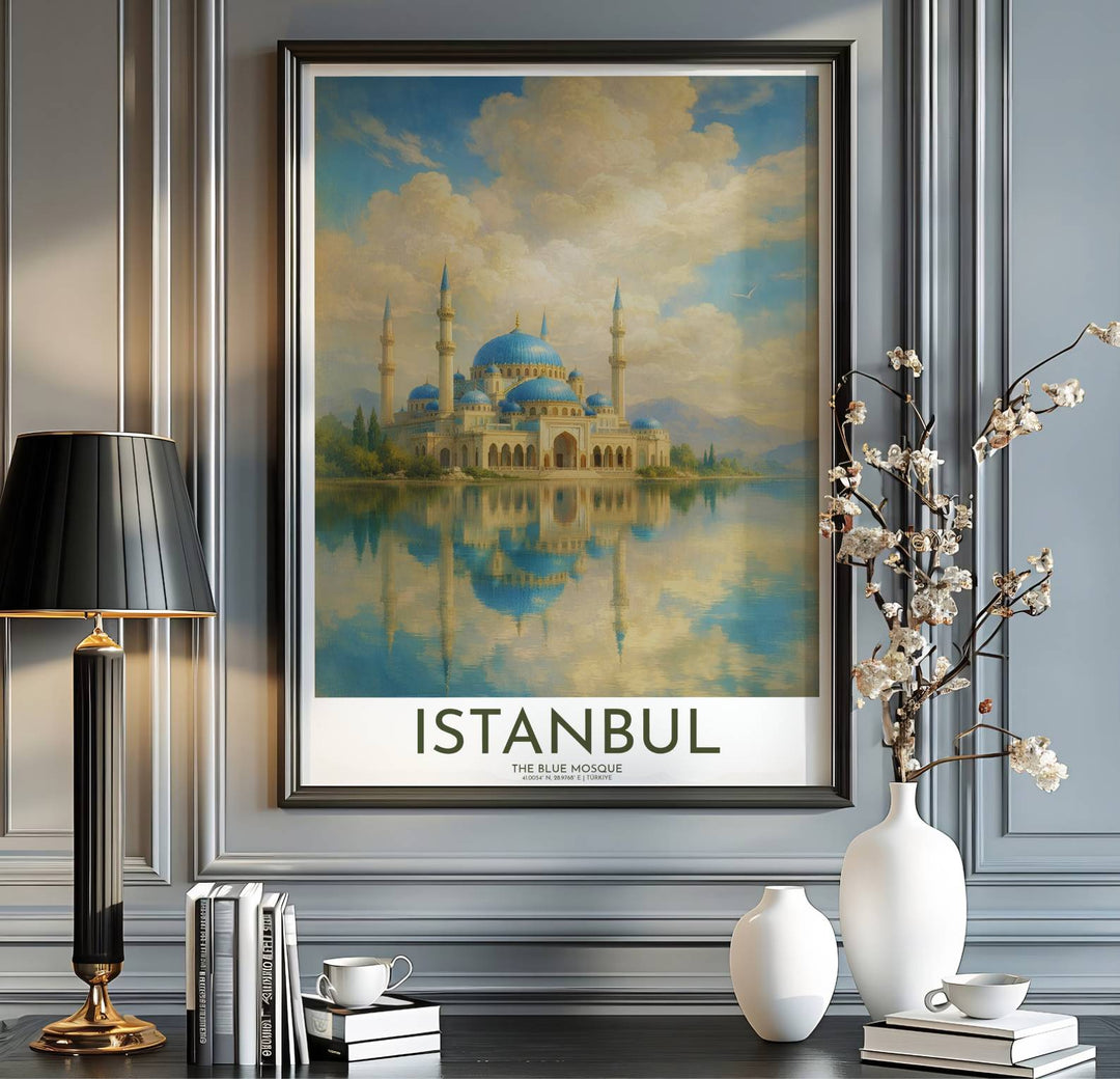 Turkey travel print showing Istanbul Blue Mosque in an elegant romantic 19th century landscape oil painting art style. Handcrafted by MapYourDreams, this artwork is available in flexible options including unframed paper, custom wooden frames, and gallery canvas wraps for gallery wall displays.
