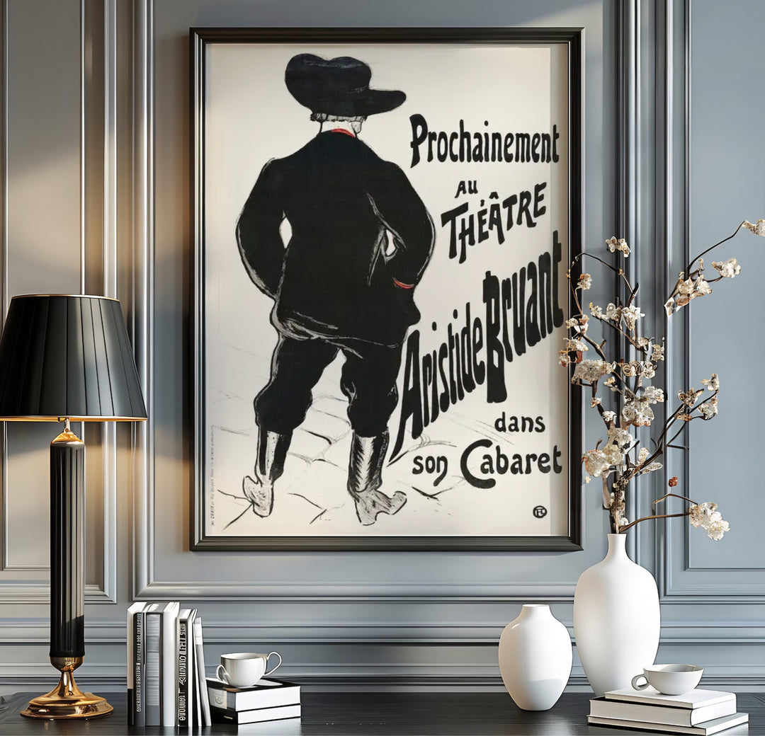 Vintage Parisian cabaret print of Bruant Au Mirliton (1894), Henri de Toulouse-Lautrec designed for Théâtre Mirliton in Montmartre, Paris, France. Shop high-definition framed prints, unframed poster art, and stretched canvas choices directly at MapYourDreams for gallery wall displays.