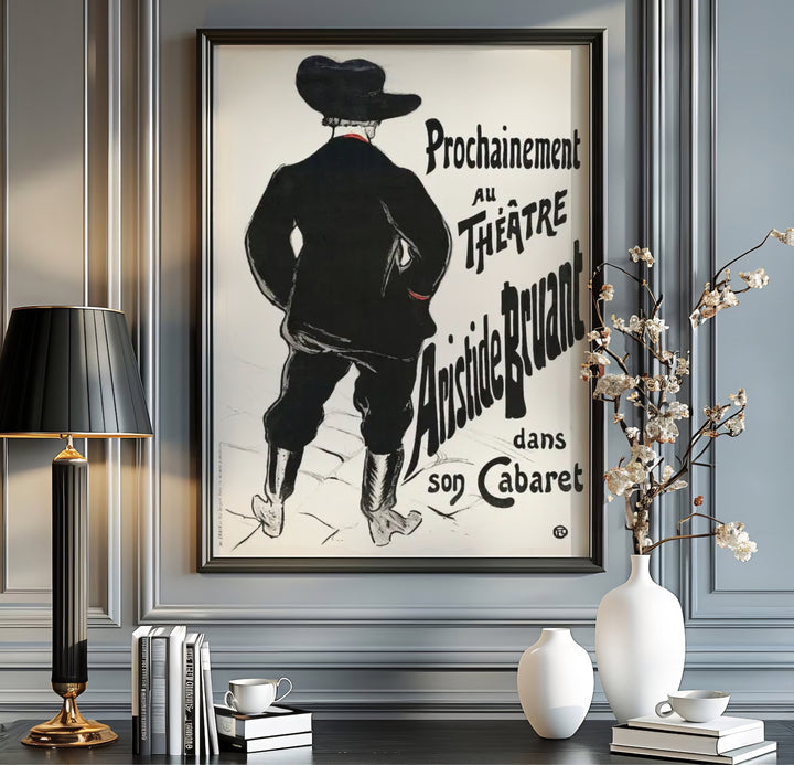Vintage Parisian cabaret print of Bruant Au Mirliton (1894), Henri de Toulouse-Lautrec designed for Théâtre Mirliton in Montmartre, Paris, France. Shop high-definition framed prints, unframed poster art, and stretched canvas choices directly at MapYourDreams for gallery wall displays.