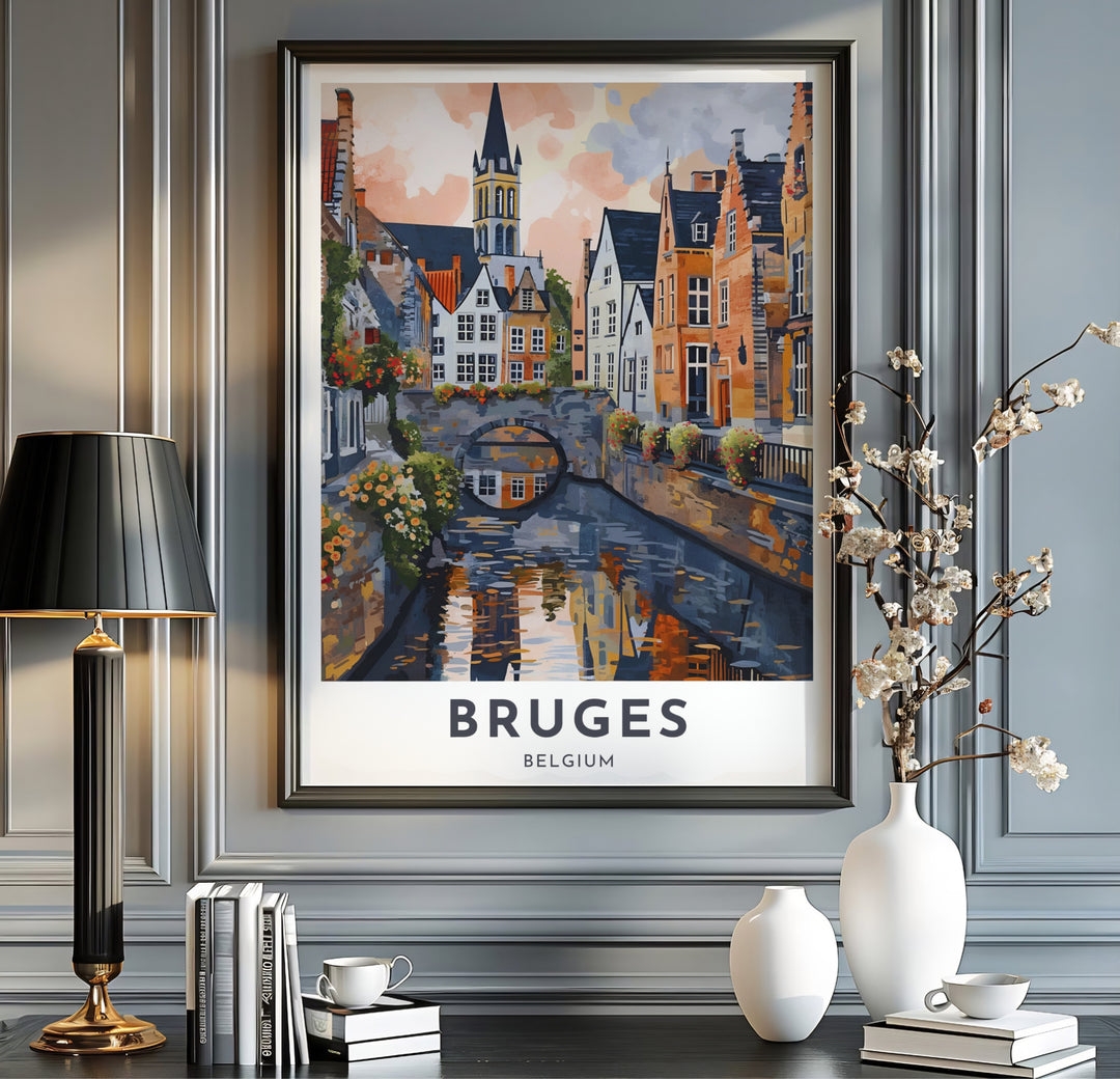A Bruges Belgium canal print showcasing stone bridges, brick facades, and vibrant water reflections in an impressionistic style. Available from MapYourDreams in multiple presentation formats including unframed archival paper, handcrafted frames, and gallery wrapped canvas styles.