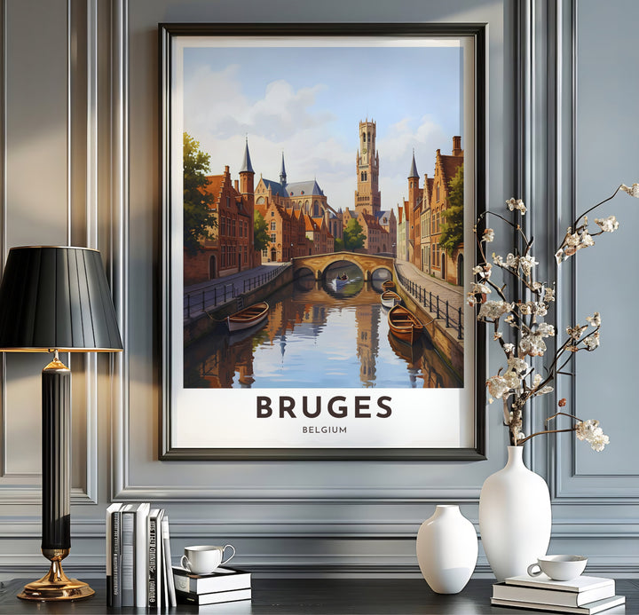 A Bruges Belgium canal print showcasing the Belfry tower, stone arch bridge, and reflection of historic buildings on calm water. Available from MapYourDreams in multiple presentation formats including unframed archival paper, handcrafted frames, and gallery wrapped canvas styles.