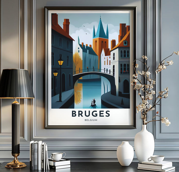 A modern illustrated print highlighting the famous canal bridge and medieval church spire of Bruges, Belgium, in bold teal and terracotta tones. Offered by MapYourDreams, this artwork is available in flexible options including unframed paper, custom wooden frames, and gallery canvas wraps.