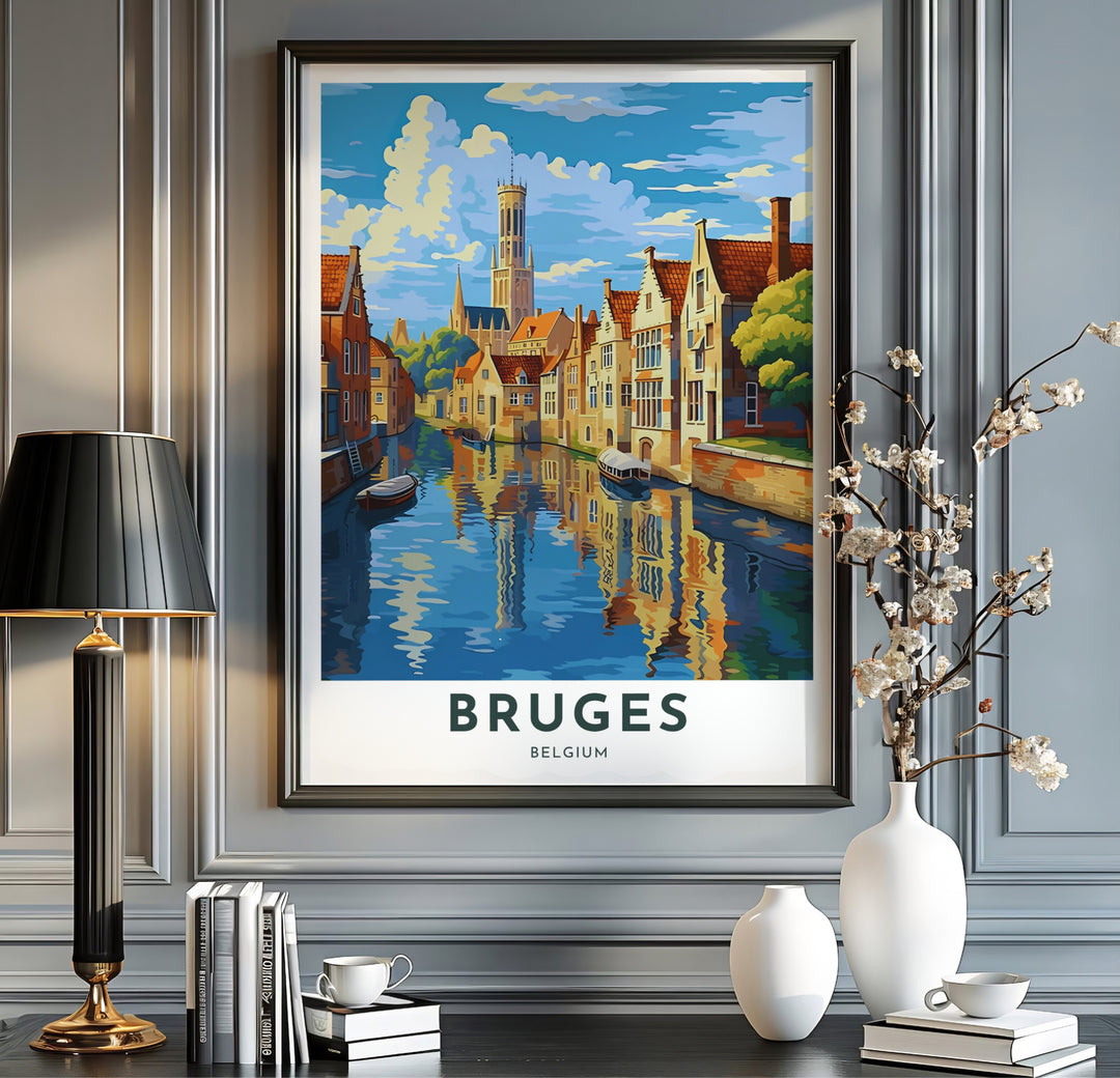 A Bruges Belgium canal print showcasing the Belfry tower and vibrant reflections of historic buildings on blue water. Available from MapYourDreams in multiple presentation formats including unframed archival paper, handcrafted frames, and gallery wrapped canvas styles.