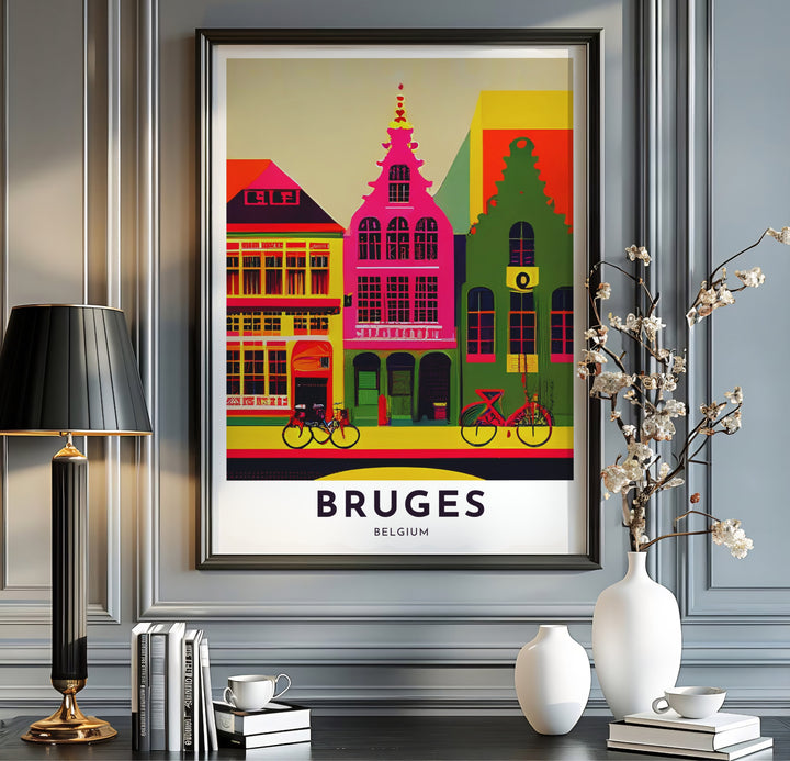A Bruges Belgium architectural print showcasing neon-style guild houses and parked bicycles rendered in a high-impact vector graphic aesthetic. Available from MapYourDreams in multiple presentation formats including unframed archival paper, handcrafted frames, and gallery wrapped canvas styles.