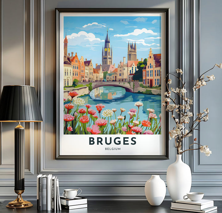 A serene architectural artwork showing red and pink flowers alongside a stone bridge and medieval skyline in Bruges, Belgium. Available from MapYourDreams in multiple presentation formats including unframed archival paper, handcrafted frames, and gallery wrapped canvas styles.