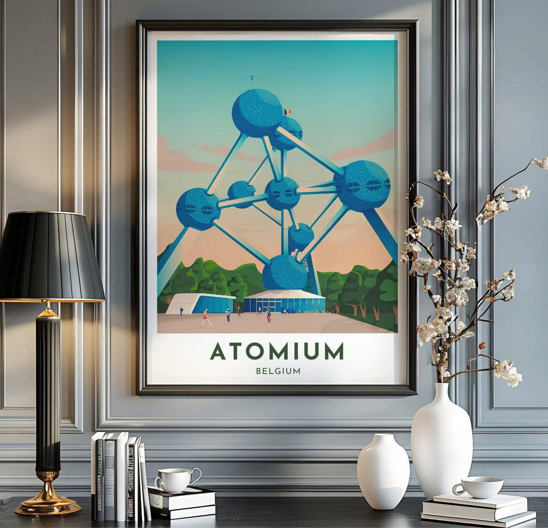 Clean vector graphic decor representing the legendary Atomium building in Brussels, Belgium, with a warm dusk sky and deep forest green tree silhouettes. Available from MapYourDreams in multiple presentation formats including unframed archival paper, handcrafted frames, and gallery wrapped canvas styles.