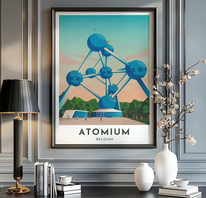Clean vector graphic decor representing the legendary Atomium building in Brussels, Belgium, with a warm dusk sky and deep forest green tree silhouettes. Available from MapYourDreams in multiple presentation formats including unframed archival paper, handcrafted frames, and gallery wrapped canvas styles.