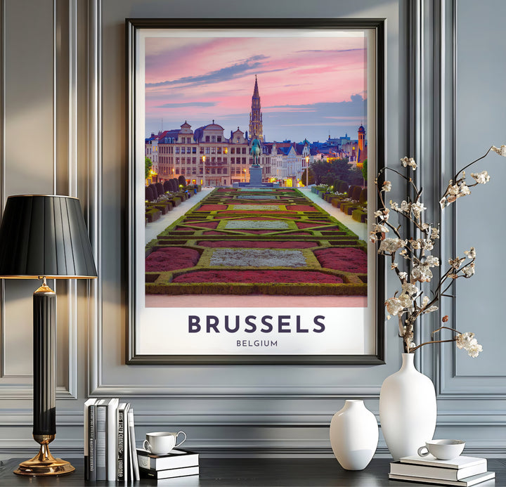 Sunset vista wall art capturing the symmetry of Mont des Arts in Brussels, Belgium, stretching toward classic European facades and illuminated towers. Available from MapYourDreams in multiple presentation formats including unframed archival paper, handcrafted frames, and gallery wrapped canvas styles.