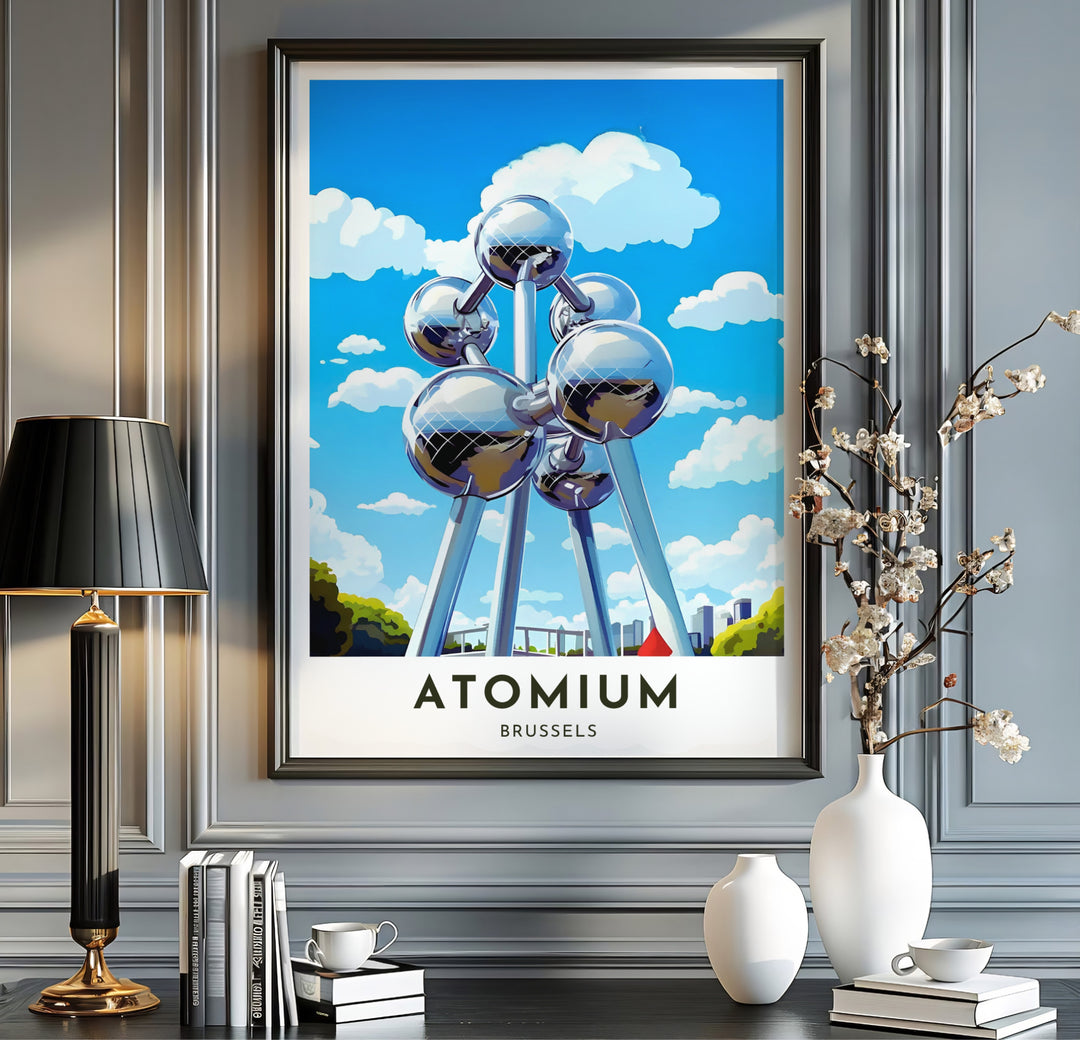 Modern architectural wall decor capturing the geometric steel design of the Atomium in Brussels, Belgium, under a cerulean sky. Available from MapYourDreams in multiple presentation formats including unframed archival paper, handcrafted frames, and gallery wrapped canvas styles.