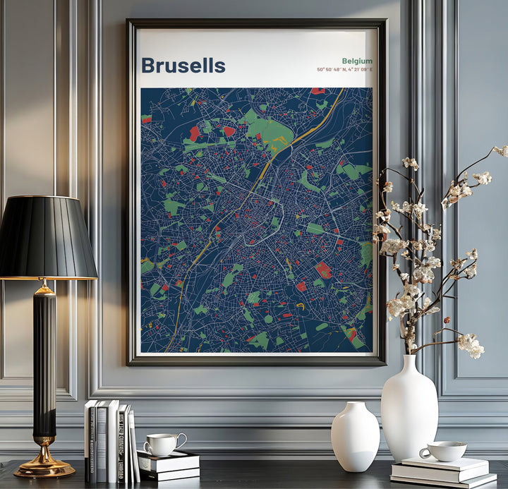 Dark blue cartography wall art capturing the precise urban layout of Brussels, Belgium, on high-quality archival paper. Available from MapYourDreams in multiple presentation formats including unframed archival paper, handcrafted frames, and gallery wrapped canvas styles.