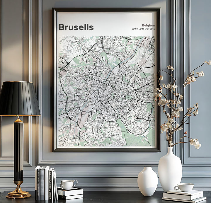 Modern map poster showing the street pathways and parks of Brussels, Belgium, with title text reading Brussels Belgium. Offered by MapYourDreams, this artwork is available in flexible options including unframed paper, custom wooden frames, and gallery canvas wraps.