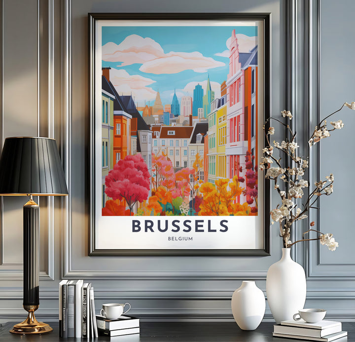 Bright seasonal wall decor showcasing the charming street view and modern city skyline of Brussels, Belgium, during peak autumn. Available from MapYourDreams in multiple presentation formats including unframed archival paper, handcrafted frames, and gallery wrapped canvas styles.