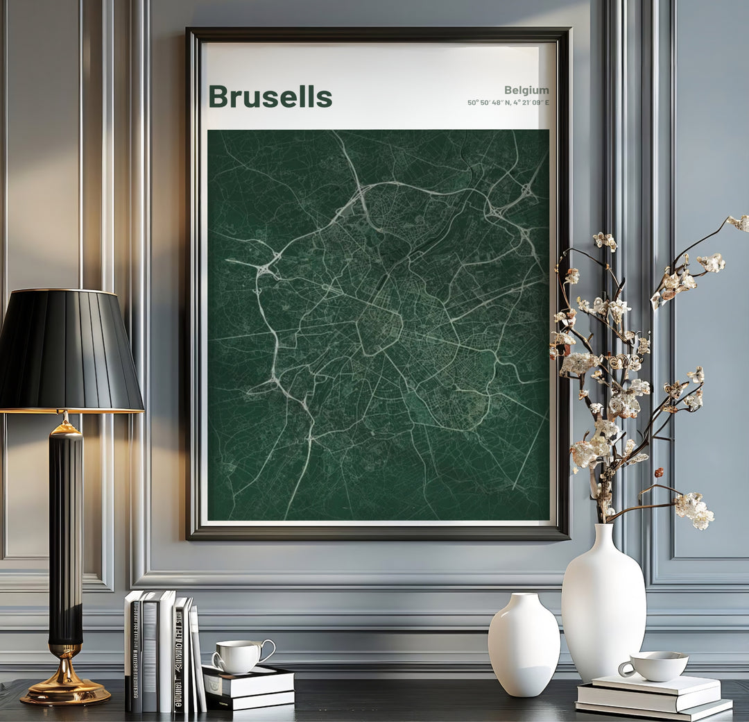 Deep green cartography wall art capturing the precise urban map layout of Brussels, Belgium, on high-quality archival paper. Available from MapYourDreams in multiple presentation formats including unframed archival paper, handcrafted frames, and gallery wrapped canvas styles.