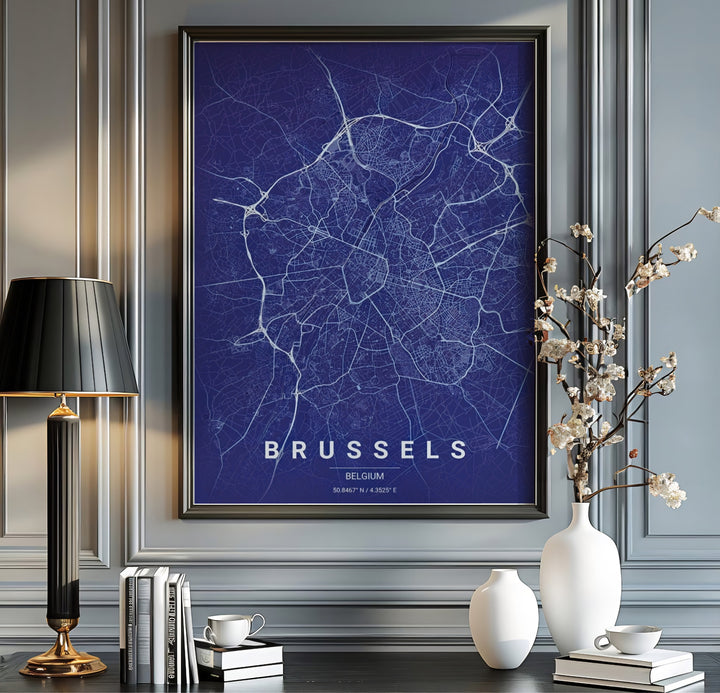 Deep blue cartography wall art capturing the precise urban map layout of Brussels, Belgium, printed on high-quality archival paper. Available from MapYourDreams in multiple presentation formats including unframed archival paper, handcrafted frames, and gallery wrapped canvas styles.