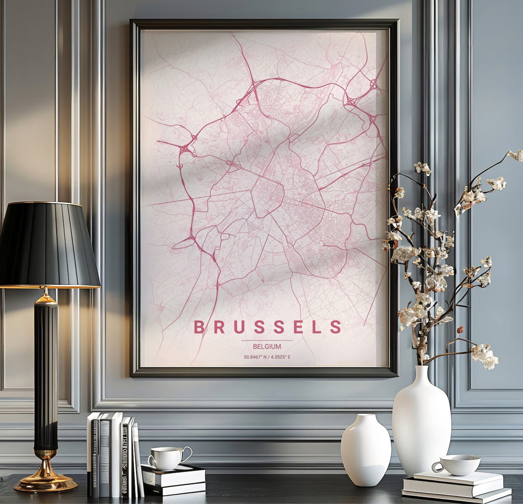 Modern map poster showing the street pathways and district ring roads of Brussels, Belgium, with title typography reading Brussels Belgium. Offered by MapYourDreams, this artwork is available in flexible options including unframed paper, custom wooden frames, and gallery canvas wraps.
