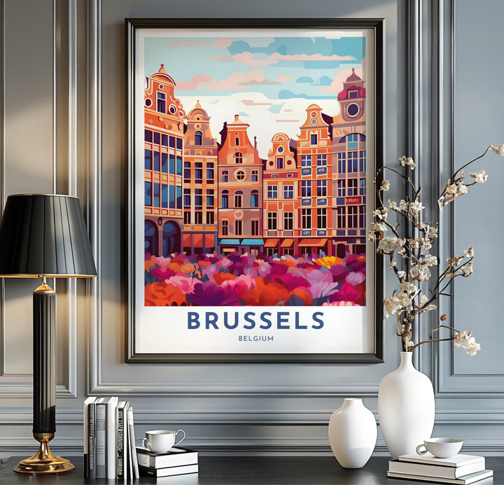 Modern European wall poster depicting the ornate buildings and flower market ambiance of Brussels Grand Place in Belgium. Offered by MapYourDreams, this artwork is available in flexible options including unframed paper, custom wooden frames, and gallery canvas wraps.