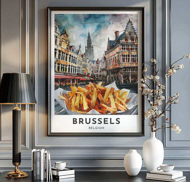 Soft watercolor art print highlighting the famous street food and architectural splendor of Brussels Grand Place in Belgium. Available from MapYourDreams in multiple presentation formats including unframed archival paper, handcrafted frames, and gallery wrapped canvas styles.