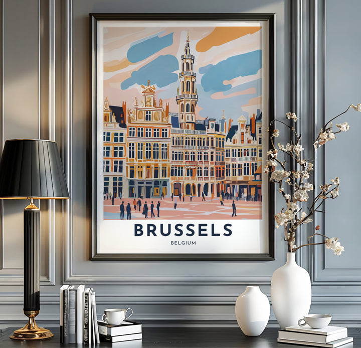 Soft architectural vector print showing the Grote Markt guild house facades of Brussels Grand Place in Belgium in pastel pop art. Available from MapYourDreams in multiple presentation formats including unframed archival paper, handcrafted frames, and gallery wrapped canvas styles.