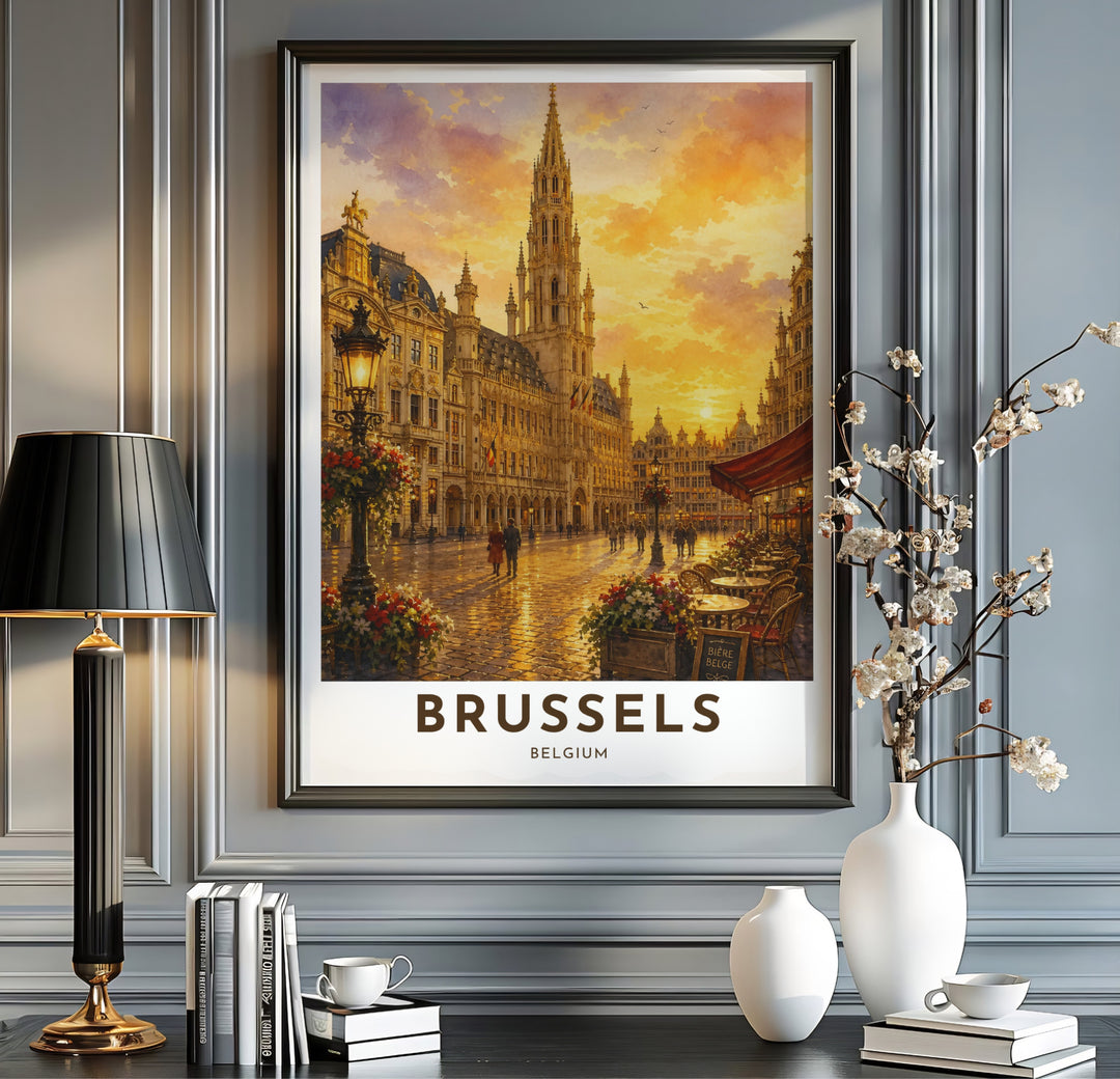 Dramatic architectural artwork showcasing the luminous plaza and towering Gothic spires of Brussels Grand Place in Belgium. Available from MapYourDreams in multiple presentation formats including unframed archival paper, handcrafted frames, and gallery wrapped canvas styles.