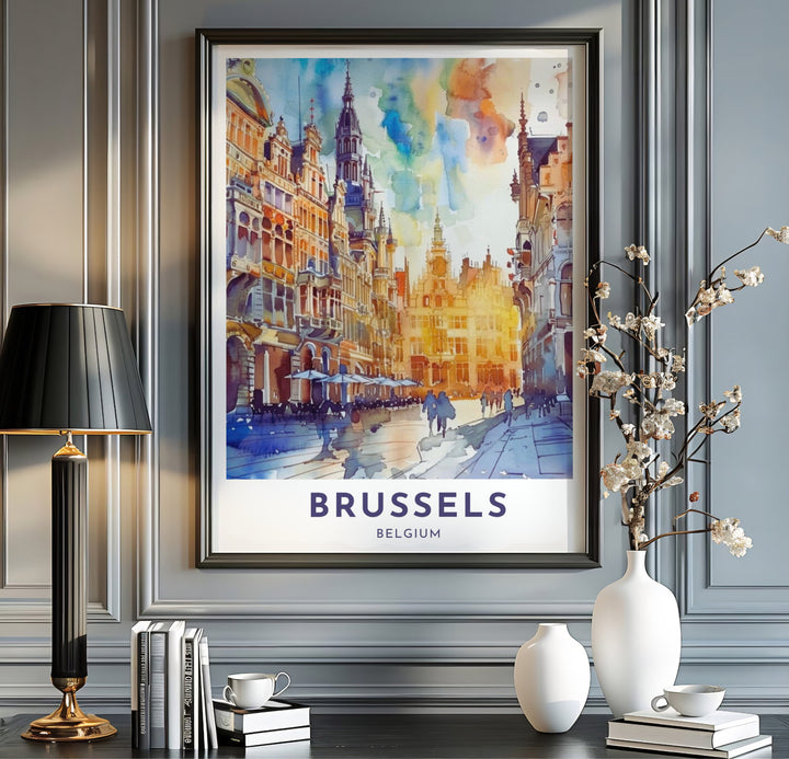 Expressive architectural print showing the famous guild house row and spire of Brussels Grand Place in Belgium in fluid watercolor strokes. Available from MapYourDreams in multiple presentation formats including unframed archival paper, handcrafted frames, and gallery wrapped canvas styles.