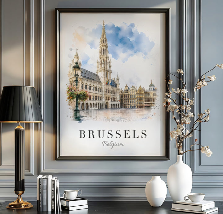 Soft architectural print showing the famous Town Hall spire and guild houses of Brussels Grand Place in Belgium in vignette style. Available from MapYourDreams in multiple presentation formats including unframed archival paper, handcrafted frames, and gallery wrapped canvas styles.