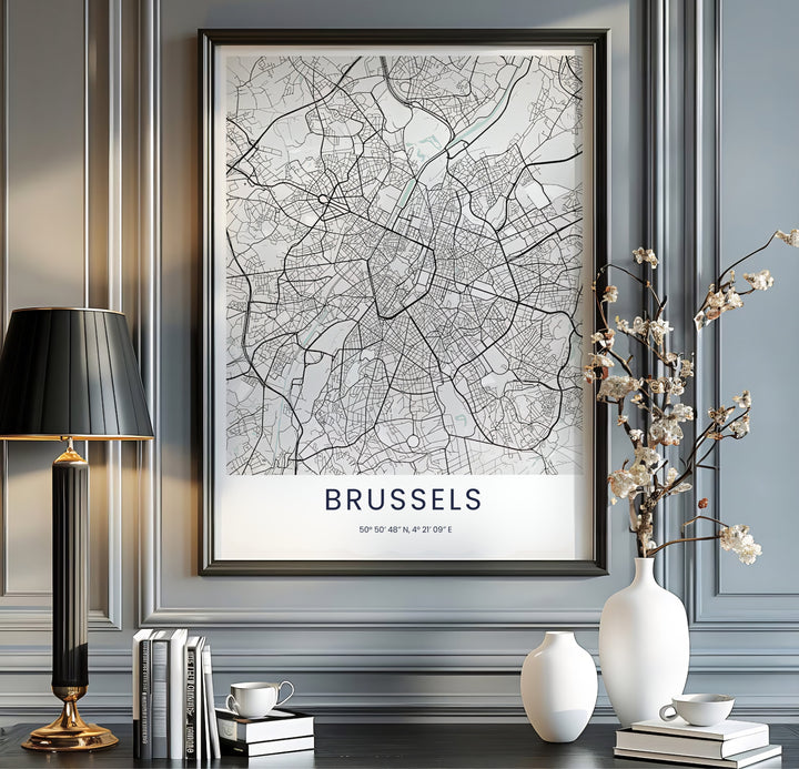 Minimalist black and white cartographic print showing the central ring and outer districts of Brussels in Belgium. Available from MapYourDreams in multiple presentation formats including unframed archival paper, handcrafted frames, and gallery wrapped canvas styles.