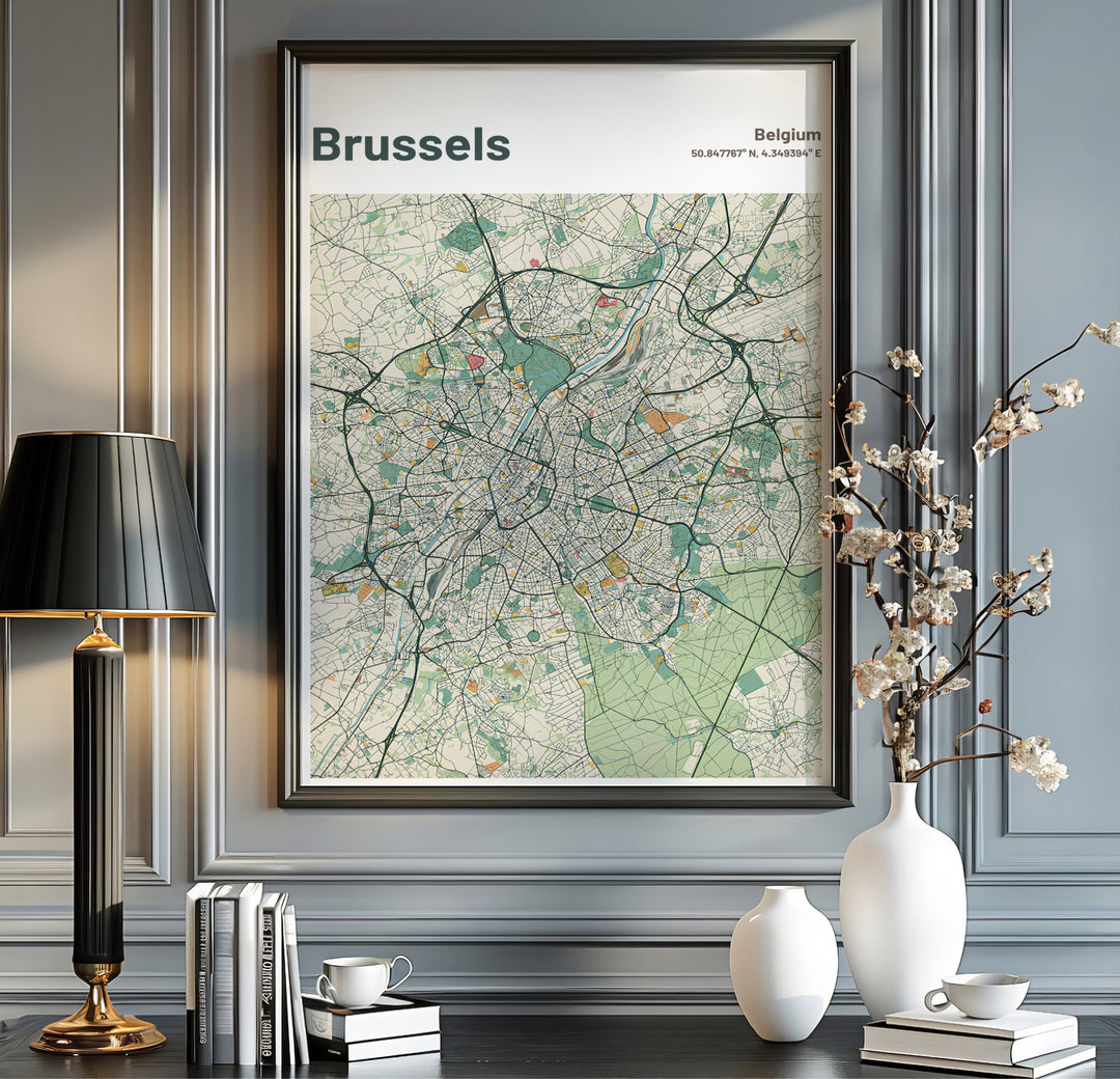 Pastel cartographic print showing the historic center and outer avenues of Brussels in Belgium in a clean grid style. Available from MapYourDreams in multiple presentation formats including unframed archival paper, handcrafted frames, and gallery wrapped canvas styles.