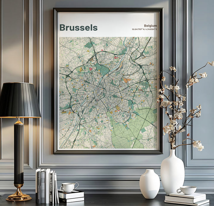 Pastel cartographic print showing the historic center and outer avenues of Brussels in Belgium in a clean grid style. Available from MapYourDreams in multiple presentation formats including unframed archival paper, handcrafted frames, and gallery wrapped canvas styles.