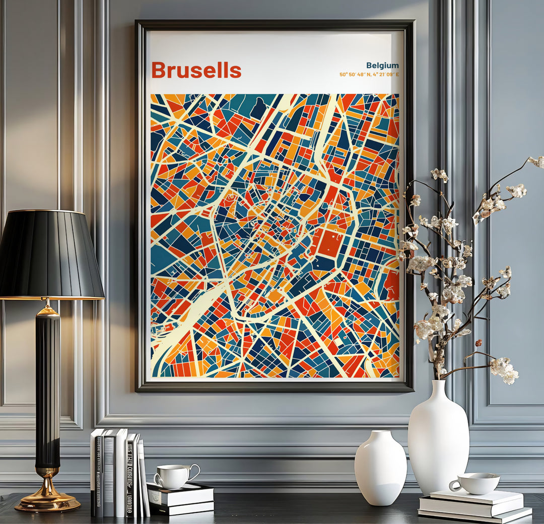Vibrant cartographic print showing the central district and surrounding suburbs of Brussels in Belgium in a modern geometric style. Available from MapYourDreams in multiple presentation formats including unframed archival paper, handcrafted frames, and gallery wrapped canvas styles.