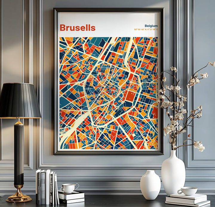Vibrant cartographic print showing the central district and surrounding suburbs of Brussels in Belgium in a modern geometric style. Available from MapYourDreams in multiple presentation formats including unframed archival paper, handcrafted frames, and gallery wrapped canvas styles.