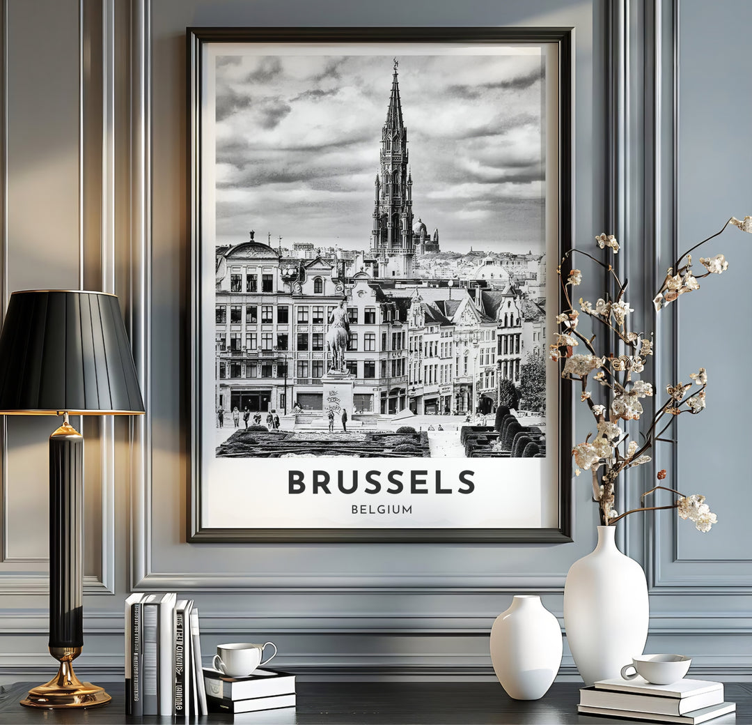 Architectural skyline print showing the famous Town Hall tower and urban horizon of Brussels, Belgium, from Mont des Arts. Available from MapYourDreams in multiple presentation formats including unframed archival paper, handcrafted frames, and gallery wrapped canvas styles.