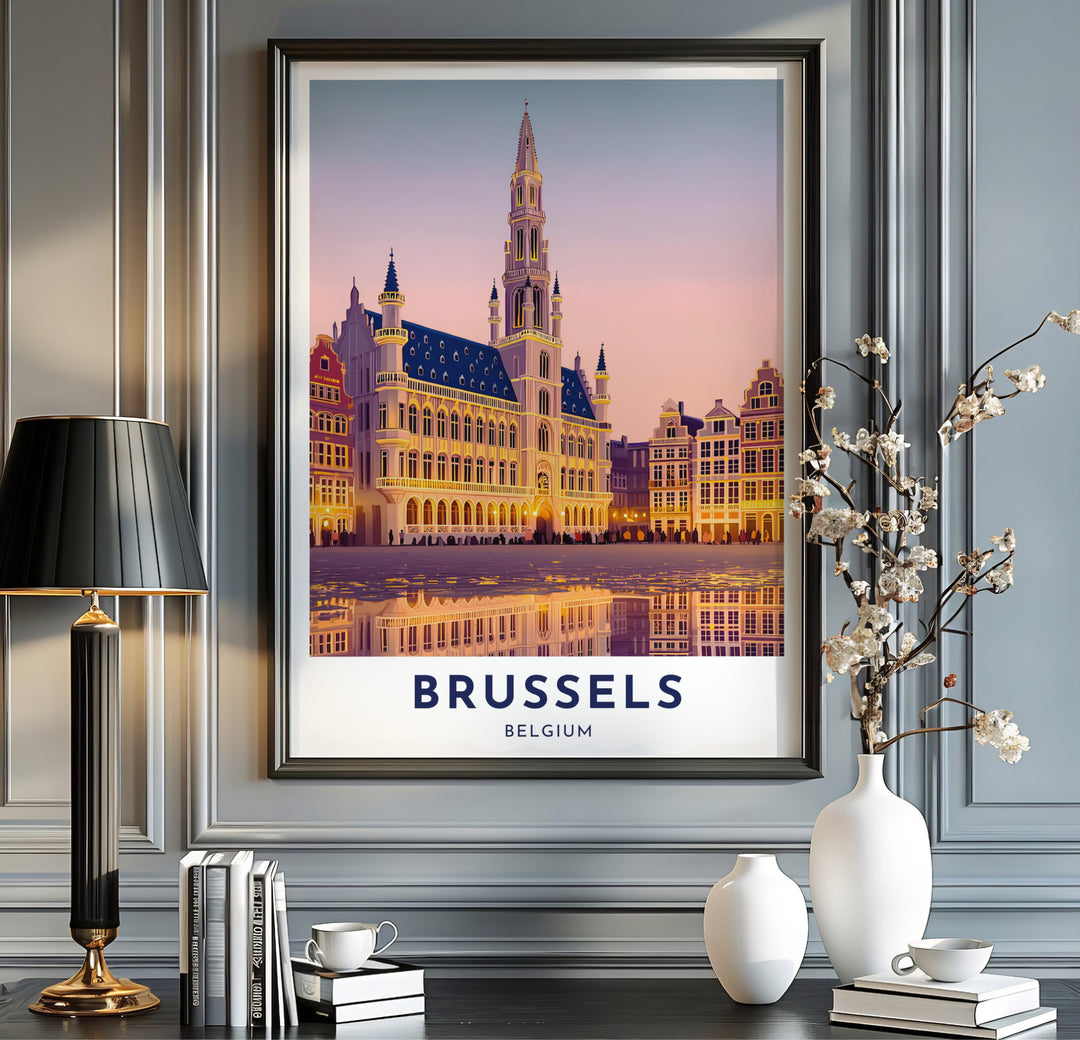 Vibrant travel art print displaying the glowing street lamps and mirror-like plaza of the Grand Place in Brussels, Belgium. Available from MapYourDreams in multiple presentation formats including unframed archival paper, handcrafted frames, and gallery wrapped canvas styles.